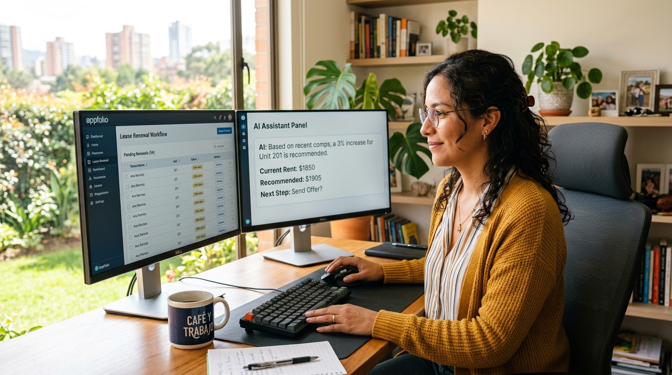 AppFolio virtual assistant using AI copilot to process lease renewals for a mid-sized property management company in 2026