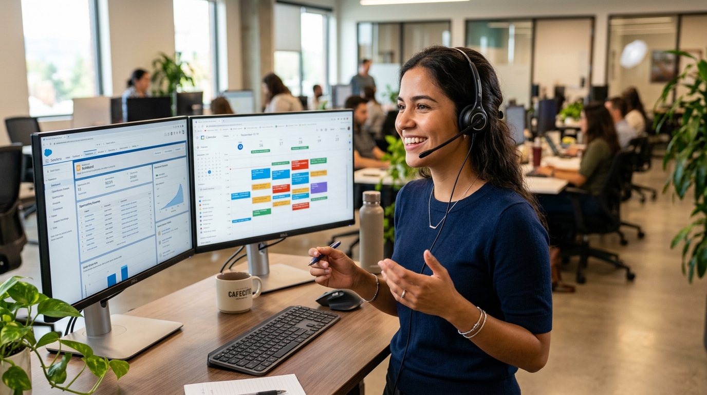 Nearshore Latin American appointment setter on a SaaS demo call, Salesforce open on dual monitors, professional home office setup