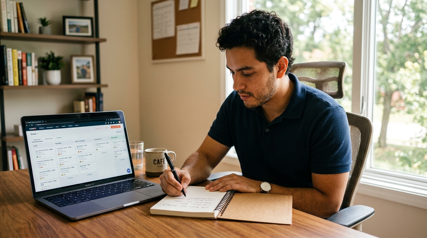 Nearshore SaaS appointment setter reviewing HubSpot pipeline and booking demos in a Latin American home office