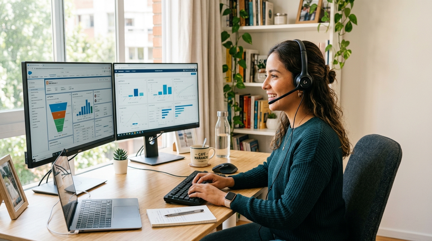 Nearshore SDR at a Latin American home office running B2B lead generation calls for a small US business on dual monitors