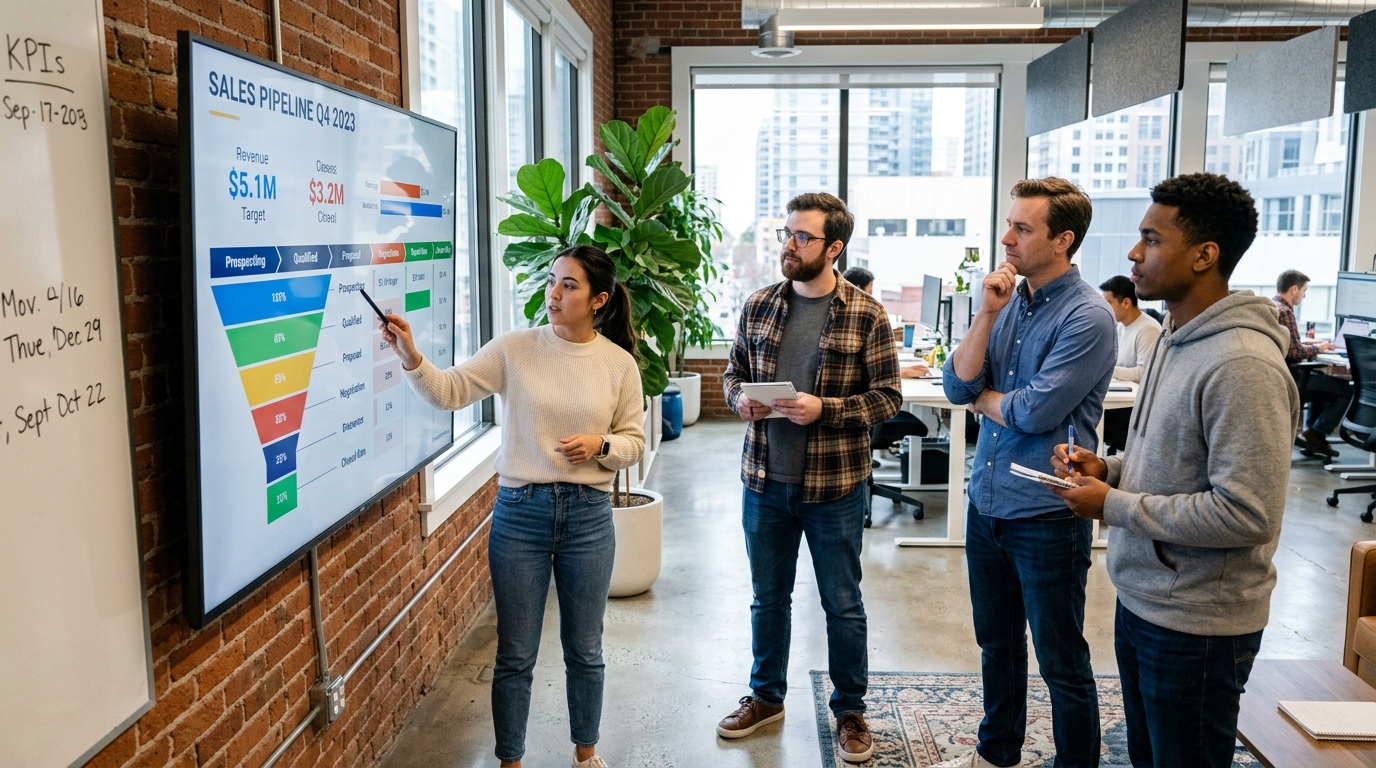 Small B2B startup team reviewing lead generation pipeline data on a wall screen for 2026 planning session