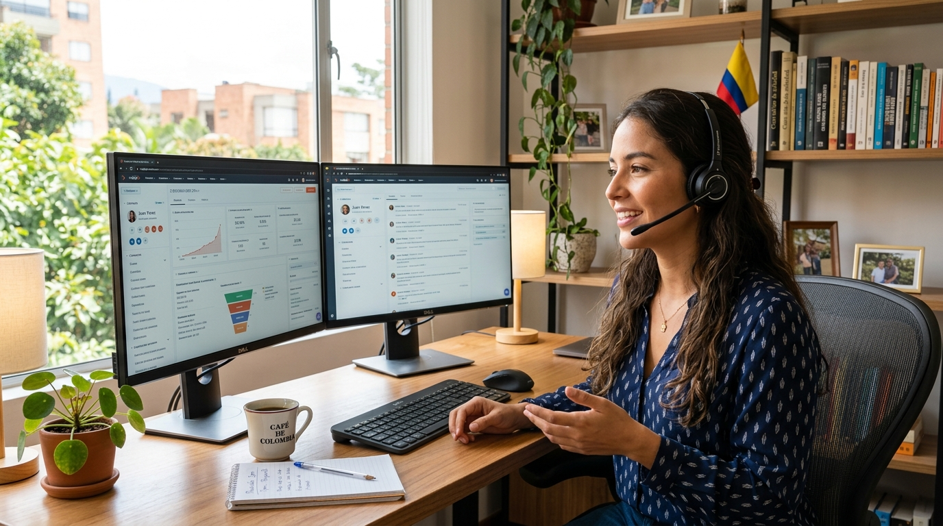 Bilingual Colombian virtual assistant working US business hours at a dual-monitor home office setup for a US client in 2026