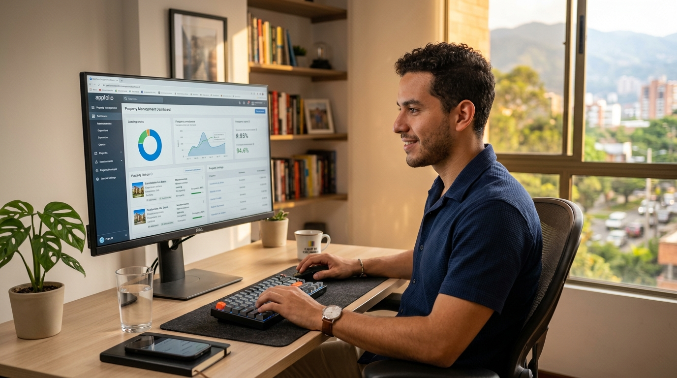 Colombian virtual assistant navigating AppFolio property management software with AI copilot support during US business hours