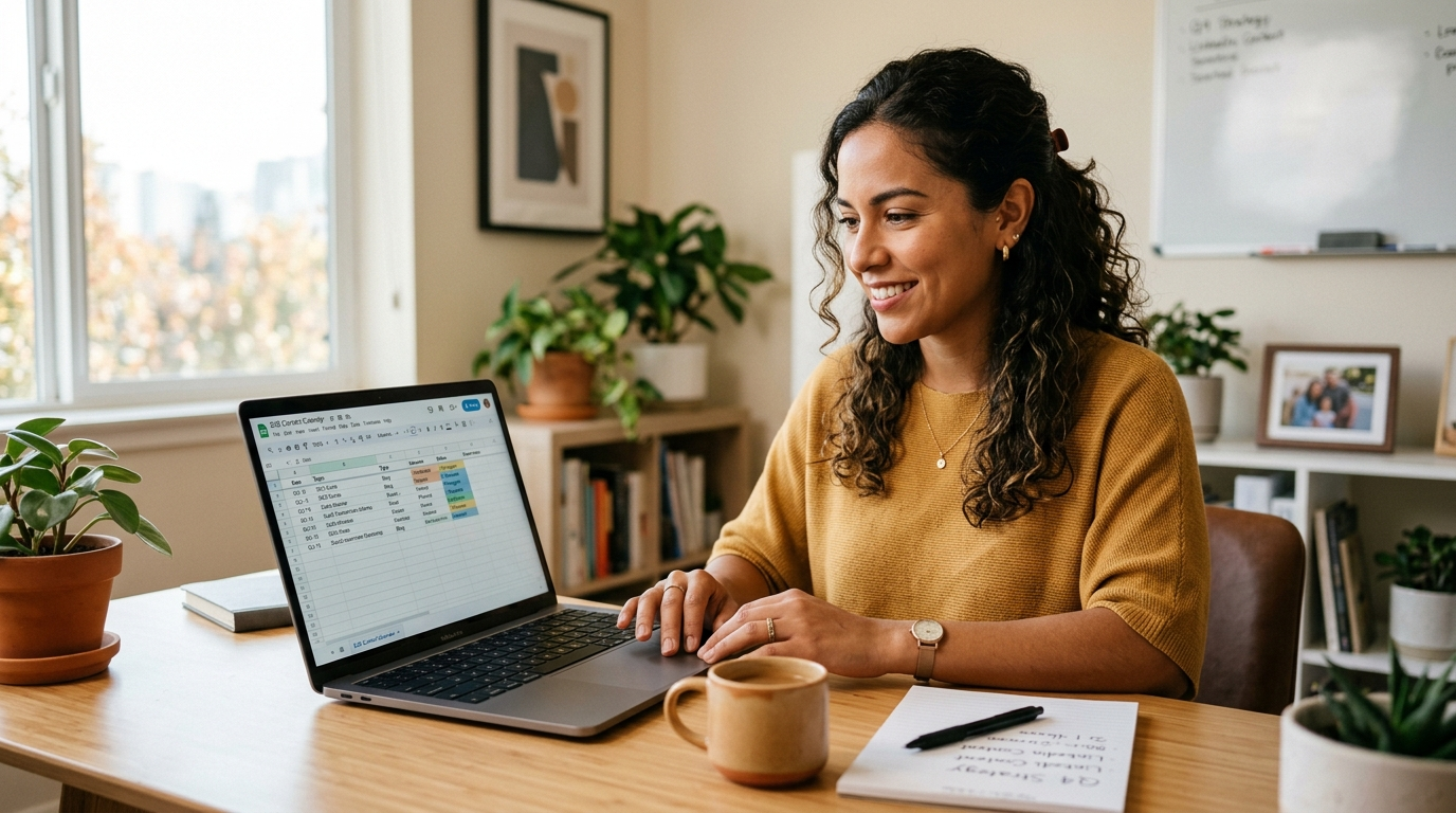 Latin American content marketing VA reviewing a B2B content calendar on a laptop in a modern home office
