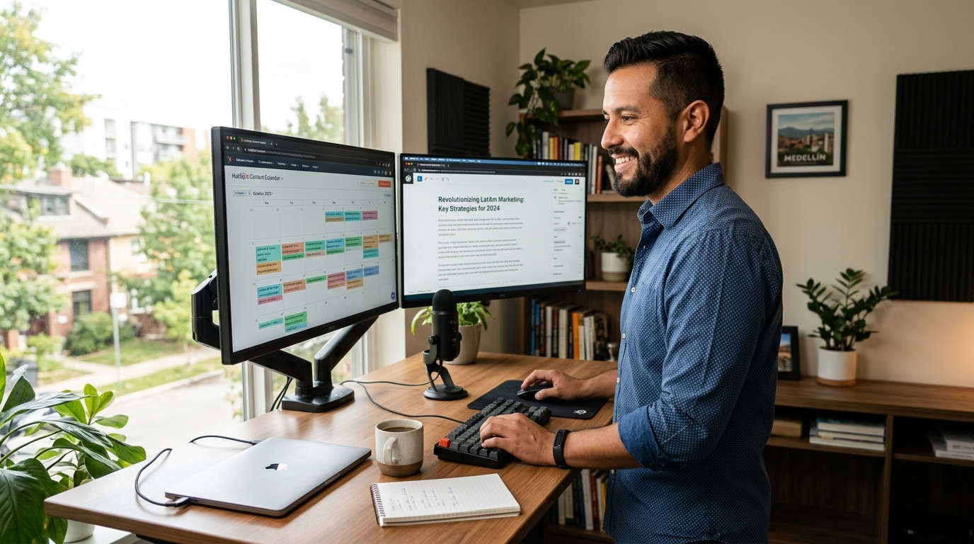 B2B content marketing VA managing a HubSpot editorial calendar and WordPress blog in a professional home office