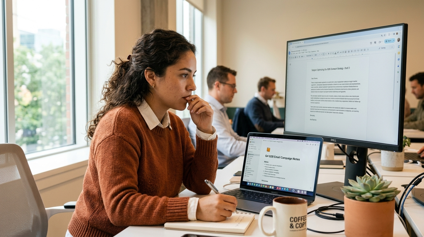 Nearshore B2B content VA reviewing email marketing copy in Notion alongside a second monitor showing analytics