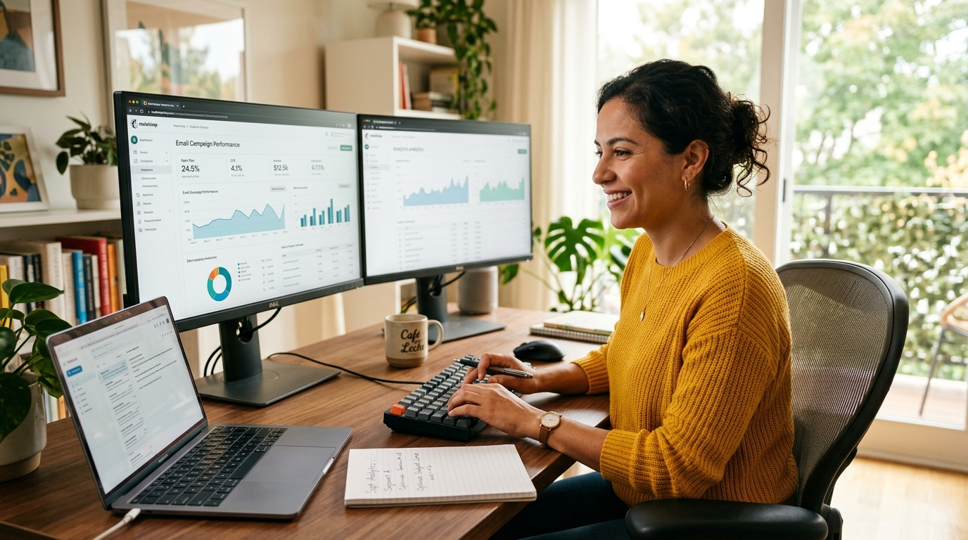 Latin American email marketing virtual assistant reviewing campaign analytics on dual monitors, nearshore VA in modern home office setting