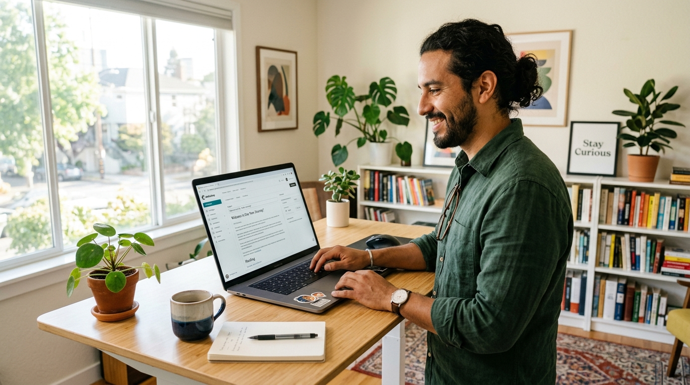 Nearshore email marketing virtual assistant writing campaign copy with Mailchimp dashboard visible on laptop screen