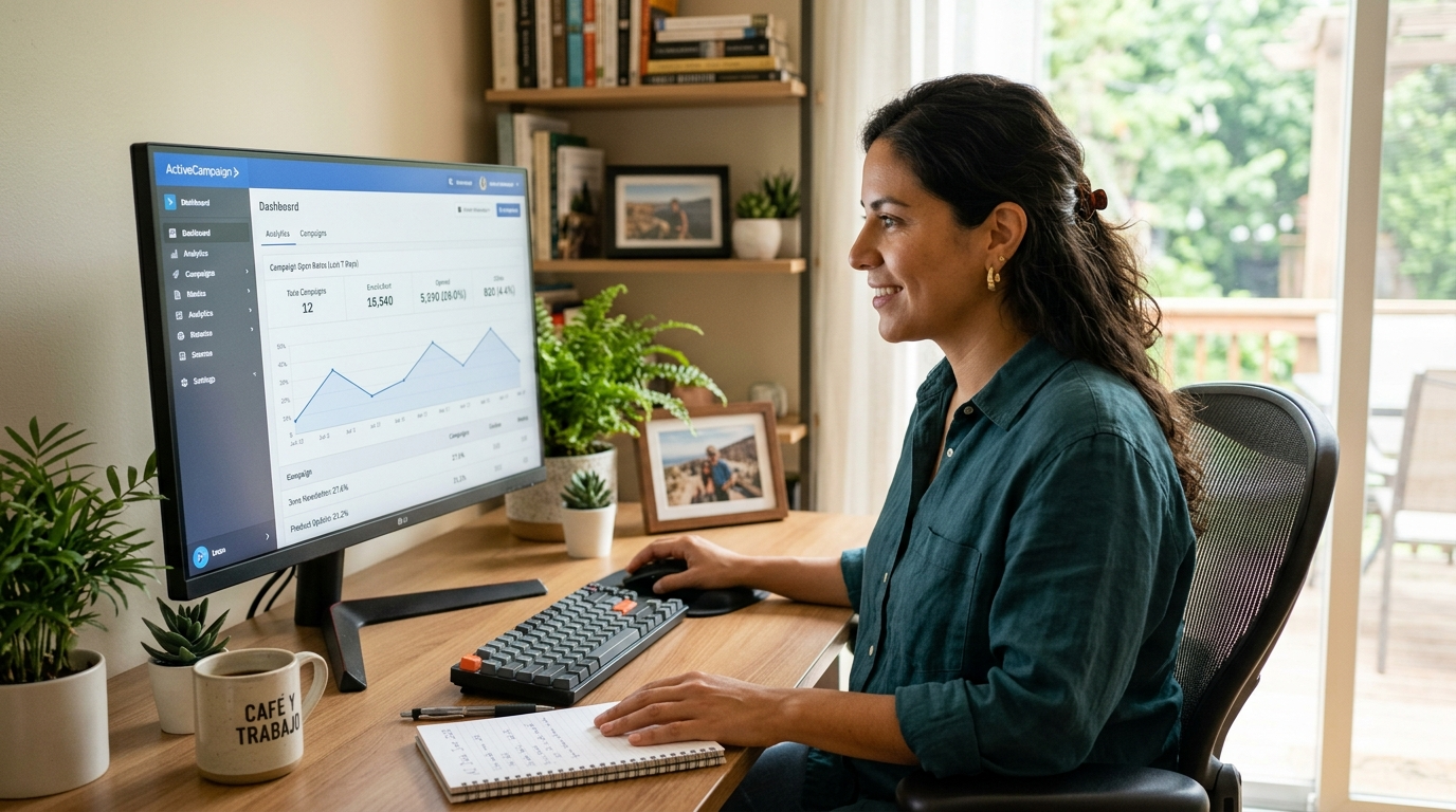 Nearshore email marketing VA reviewing ActiveCampaign open-rate dashboard, Latin American virtual assistant analyzing email campaign results