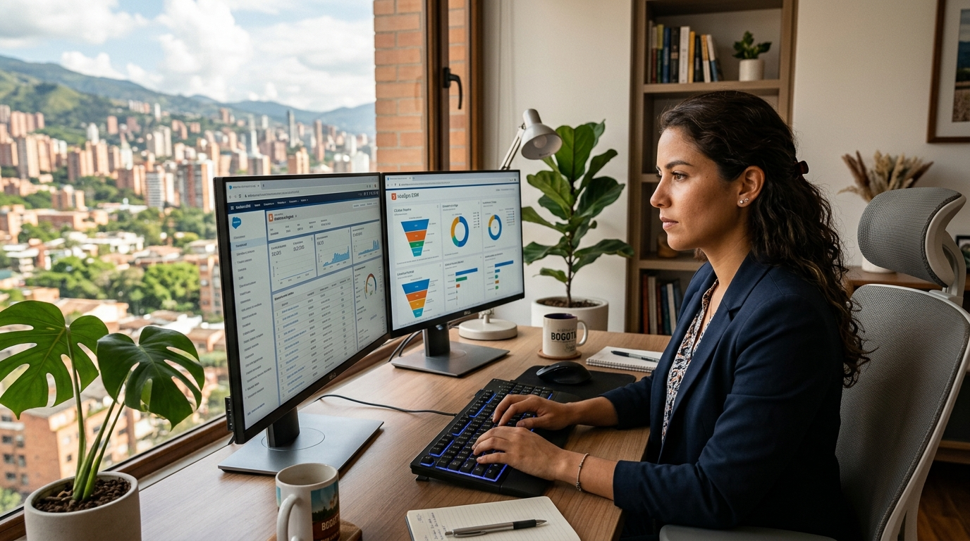 Latin American virtual assistant working at a dual-monitor home office for a US business, representing LATAM talent sourcing companies in 2026