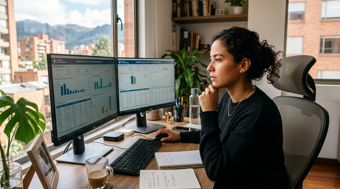 Latin American medical billing virtual assistant reviewing insurance claims on dual monitors in a well-lit home office in 2026