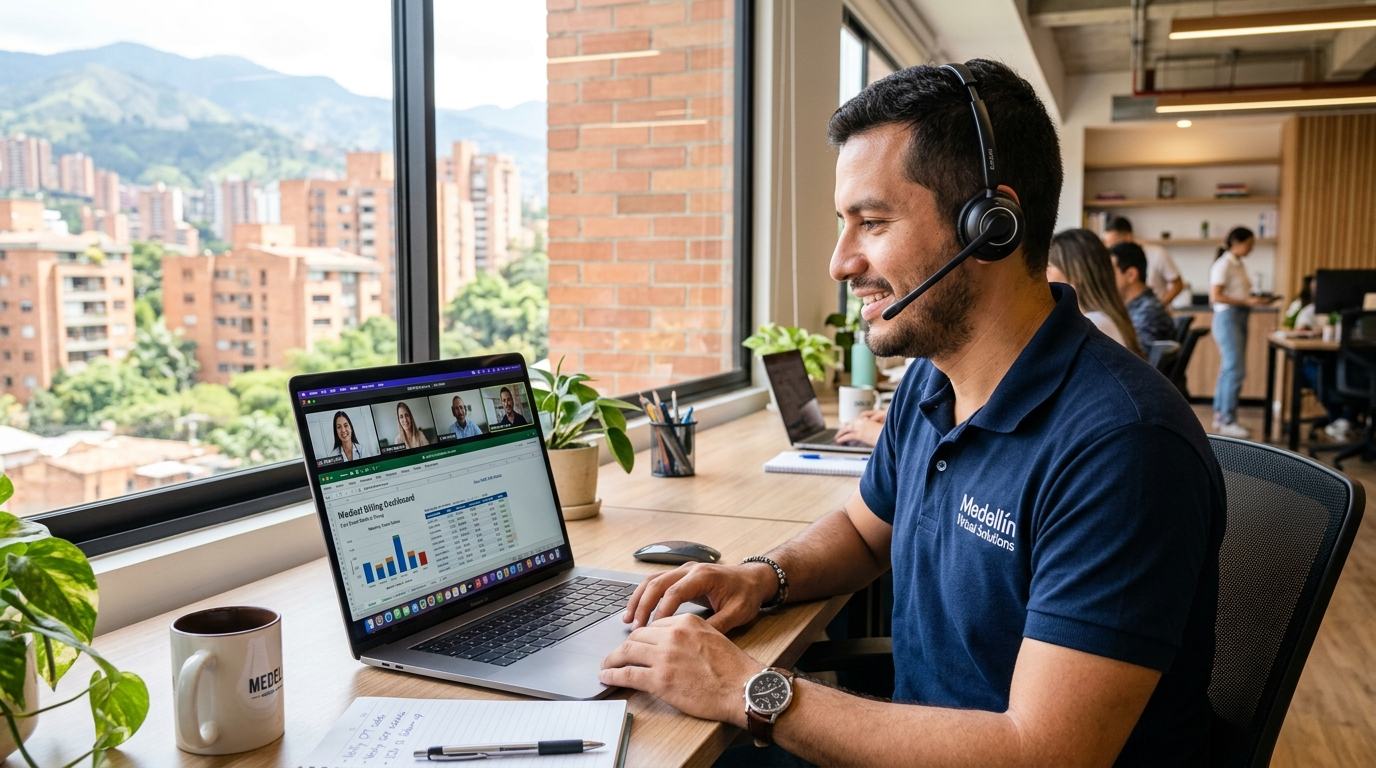 Nearshore Latin American medical billing virtual assistant on a real-time video call with a US medical practice team, reviewing claim data