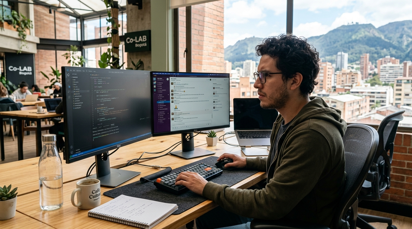 Latin American nearshore software developer working at dual-monitor setup in Bogotá, representing nearshore software development companies in 2026