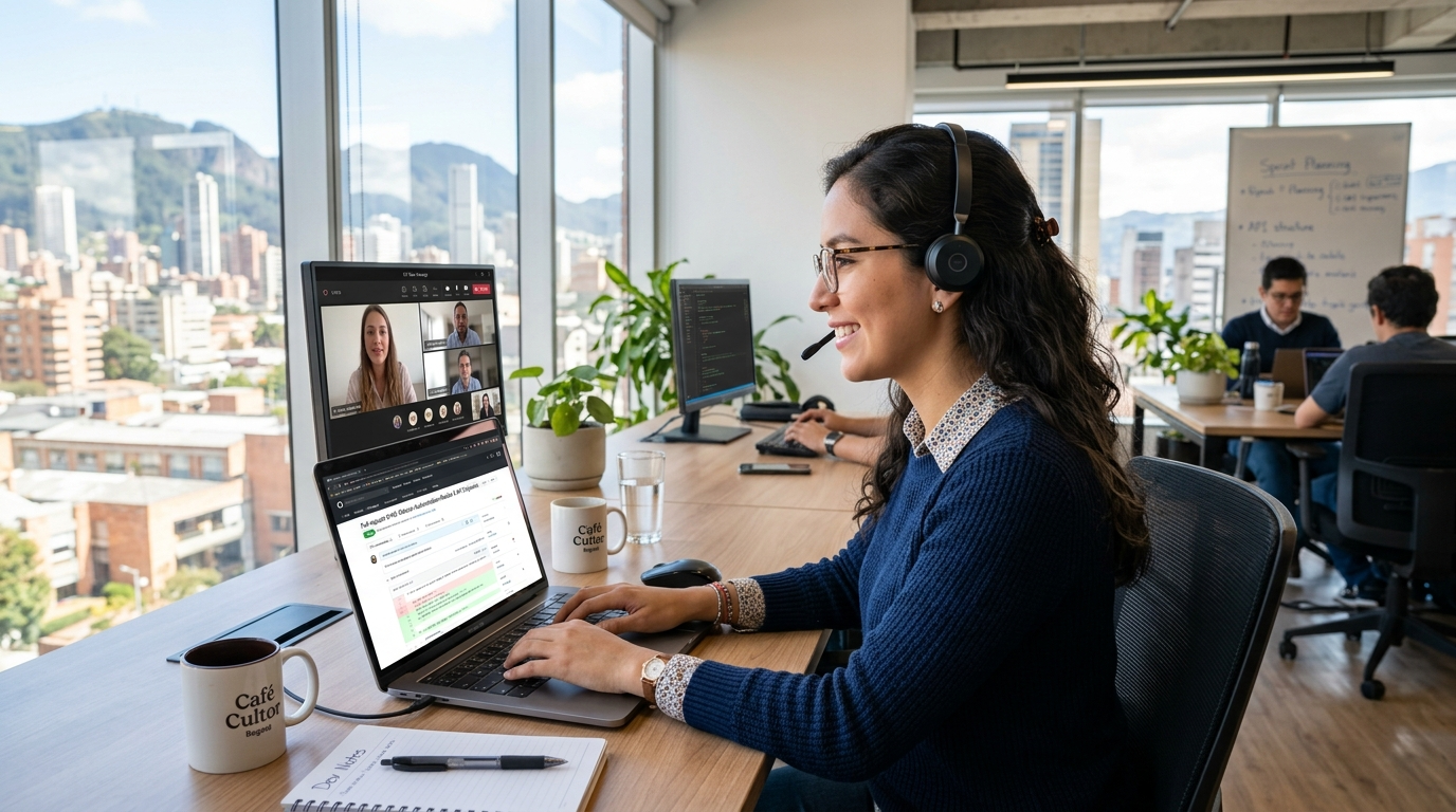 Nearshore software engineer in Bogotá, Colombia on a real-time video call with a US development team, 2026