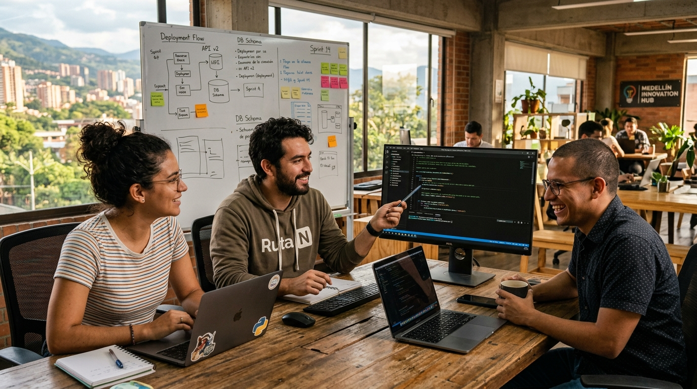 Latin American nearshore software development team collaborating in Medellín co-working space, 2026