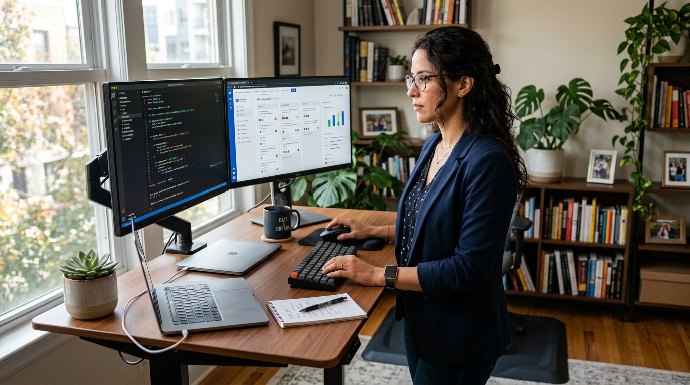 Latin American nearshore tech team member at dual-monitor workstation, reviewing code and project tasks during US business hours