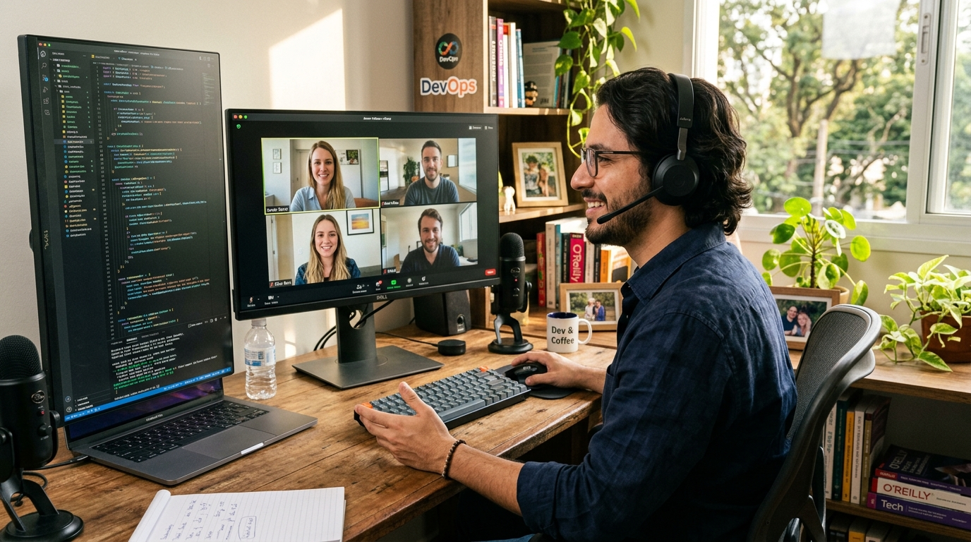 Nearshore Latin American software developer on live video standup with US tech team, monitors showing code, natural afternoon light