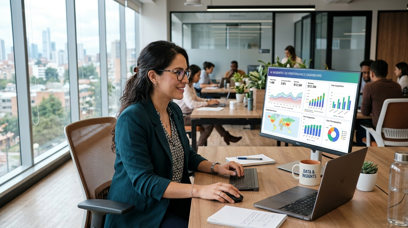 Nearshore Latin American data analyst reviewing AI-powered analytics dashboard, bright modern office, natural light, focused expression