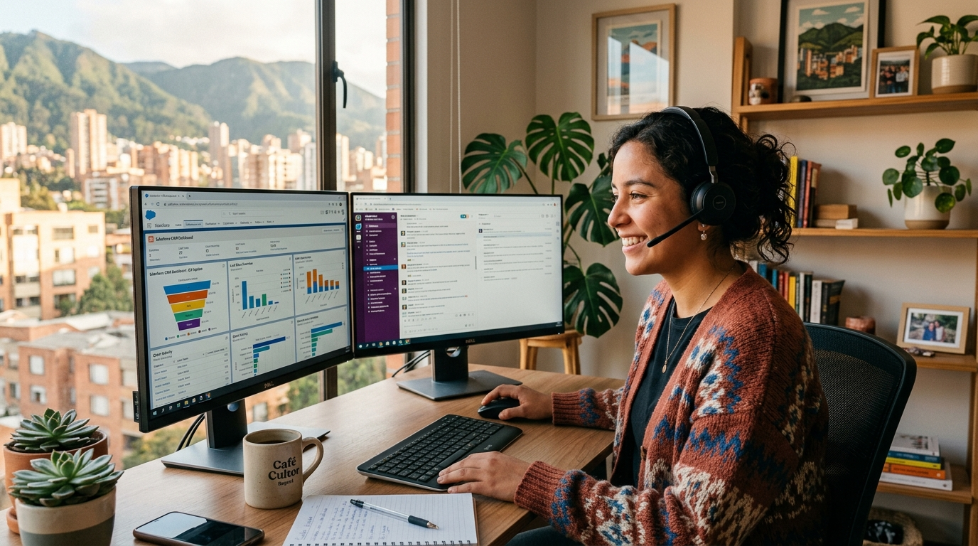 Bilingual nearshore virtual assistant in Latin America handling customer support calls during US business hours on a dual-monitor setup