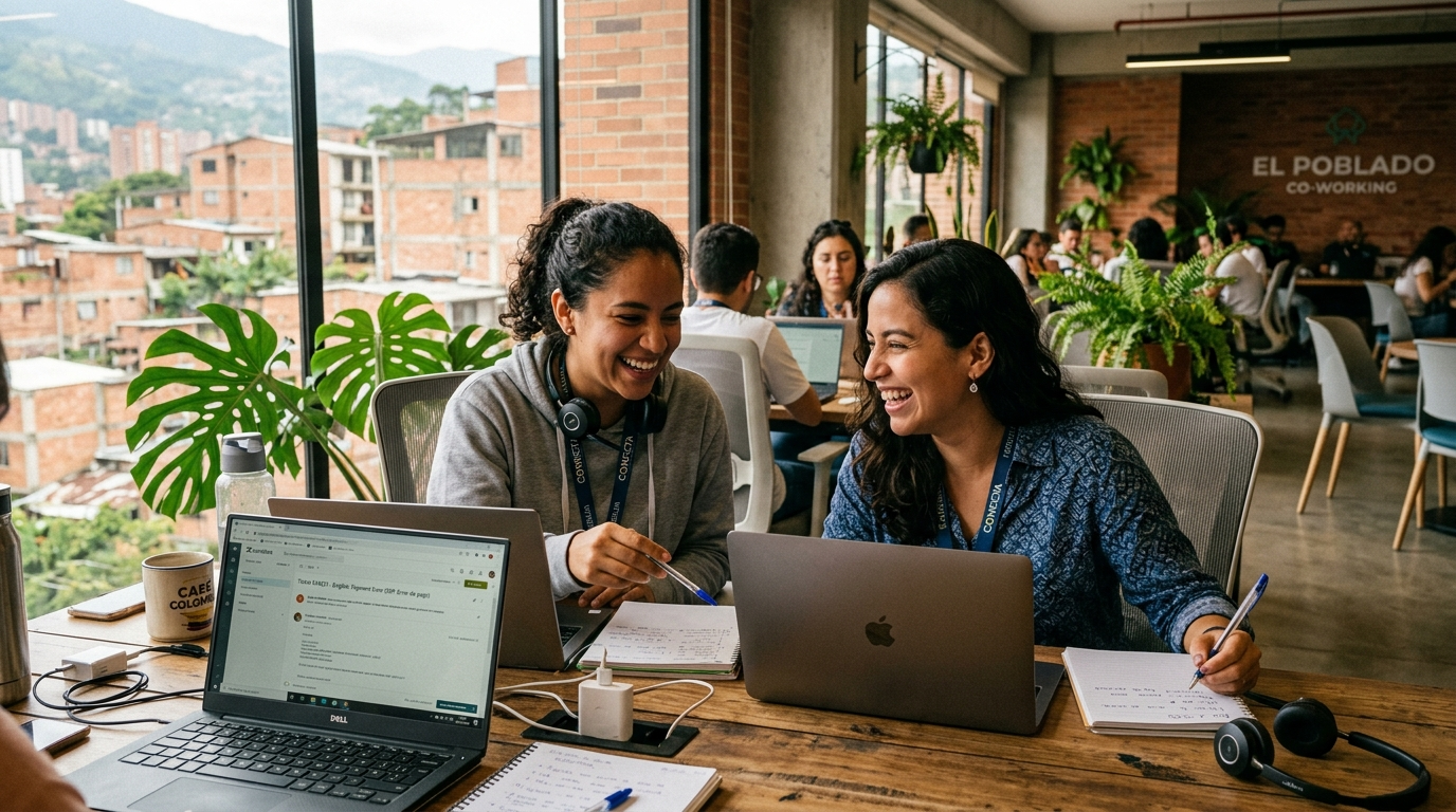 Bilingual nearshore customer support agents reviewing CRM tickets in a modern Medellín co-working space during US business hours