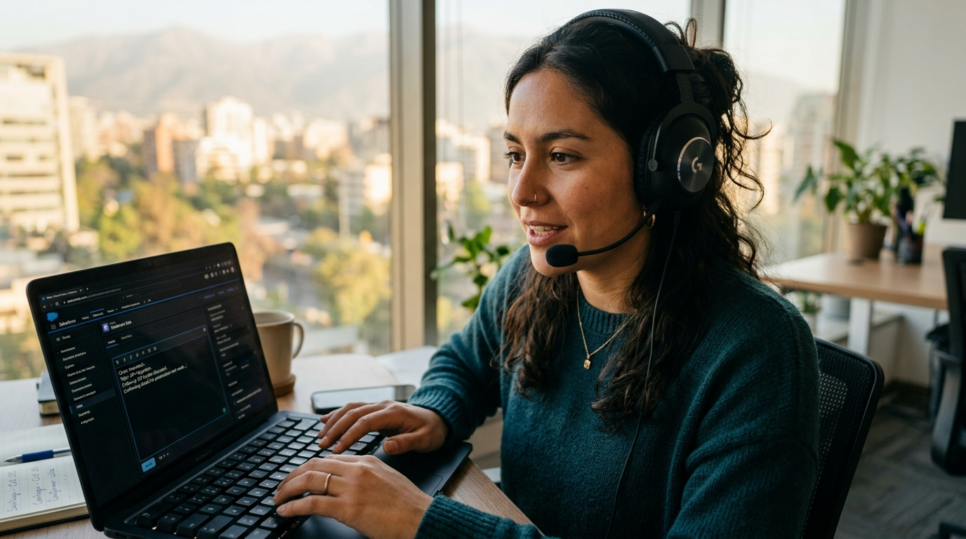 Bilingual nearshore virtual assistant in Santiago Chile handling a Spanish-English customer support call with CRM open on screen