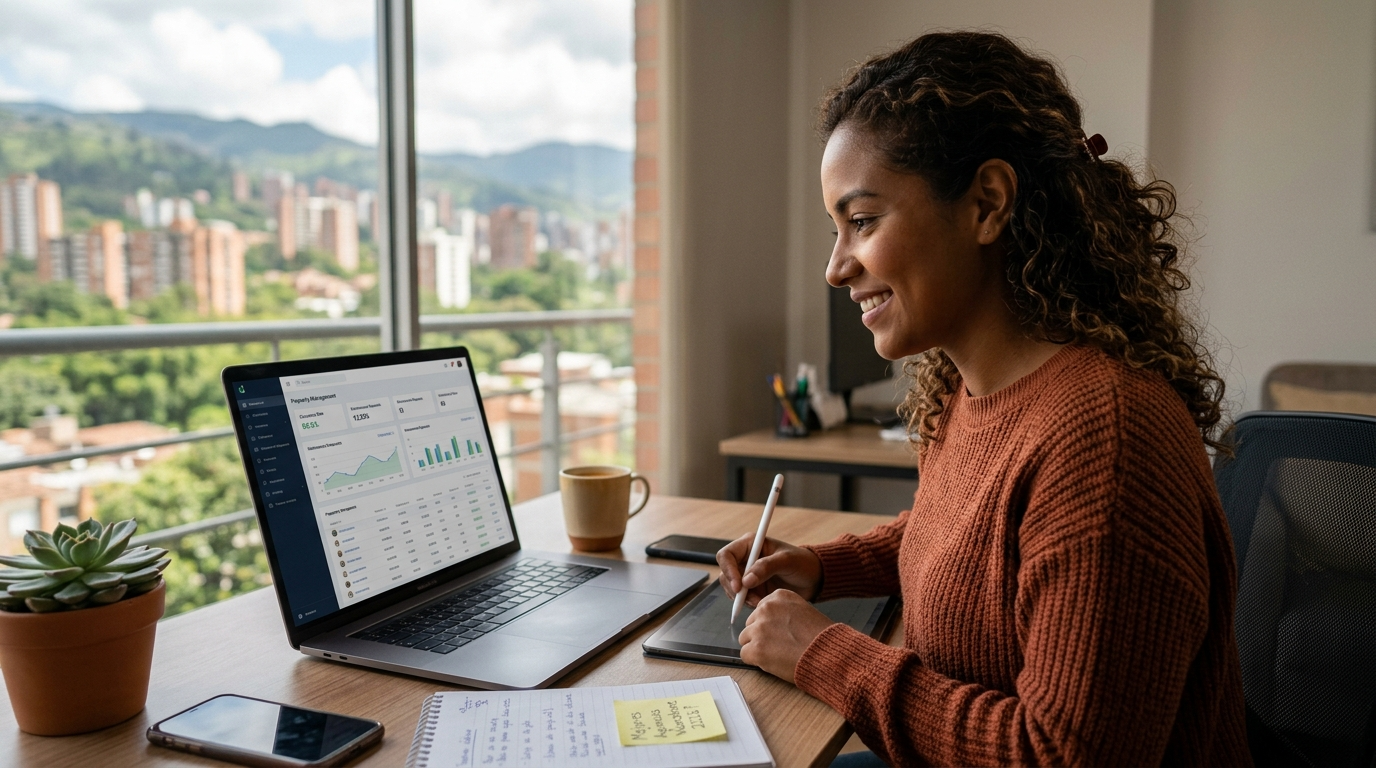 Latin American nearshore virtual assistant reviewing a property management dashboard — best nearshore VA companies 2026