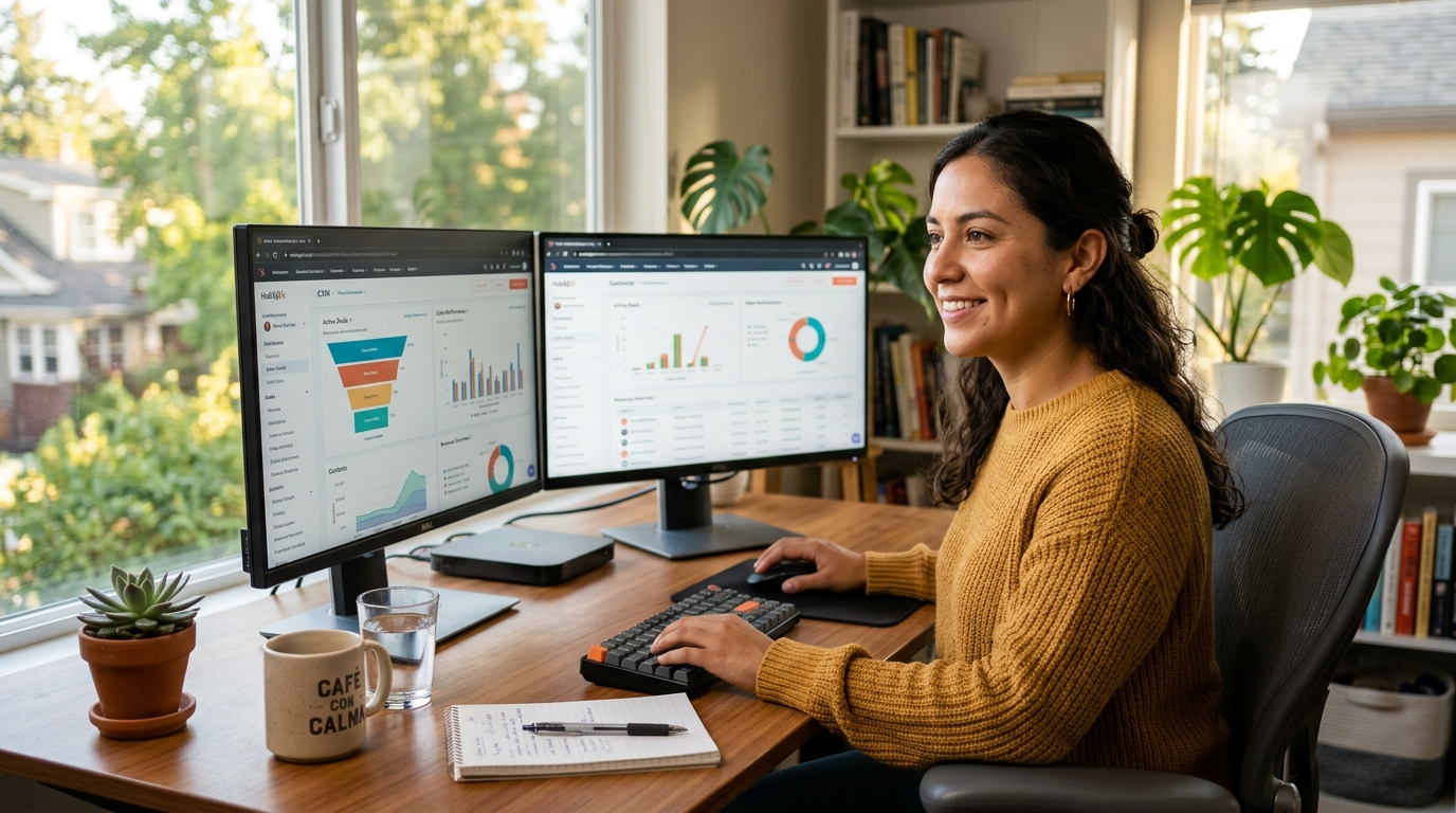 Latin American virtual assistant working at a dual-monitor home office setup — best platforms to hire virtual assistants 2026