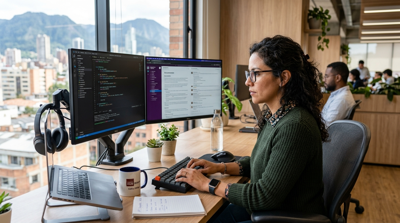 Senior developer in Latin America working at dual monitors, representing nearshore recruiting companies for senior developers in 2026