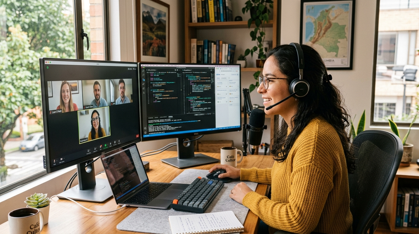 Latin American senior developer on video call with US tech team, illustrating nearshore recruiting for senior developers in Latin America