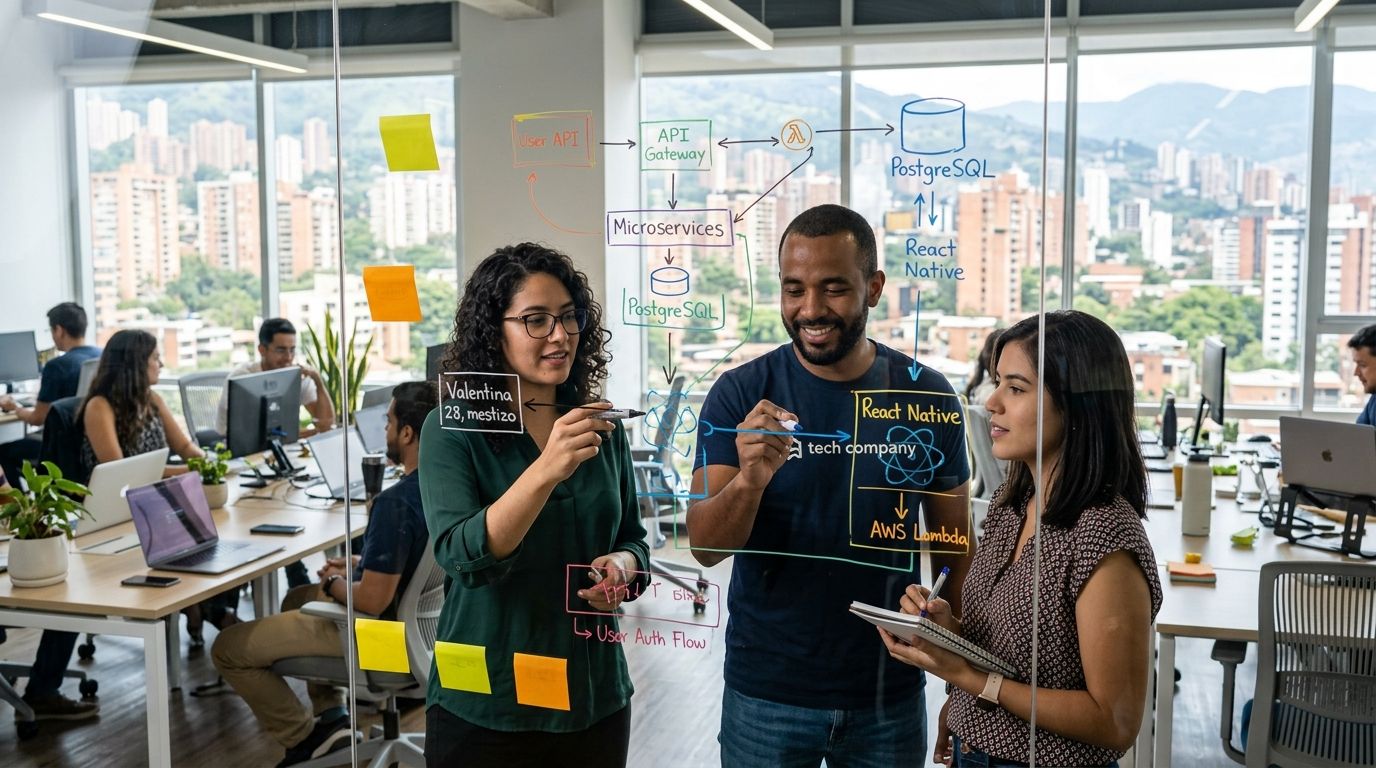 Latin American senior developer team in Medellín office, representing the growing nearshore recruiting pipeline for US tech companies in 2026