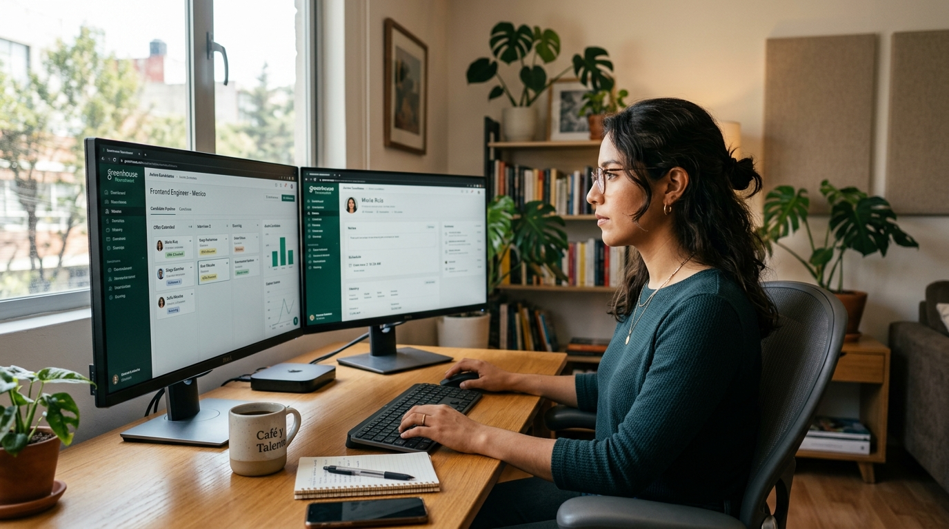 Latin American nearshore RPO virtual assistant reviewing candidate profiles on dual monitors at a modern home office desk
