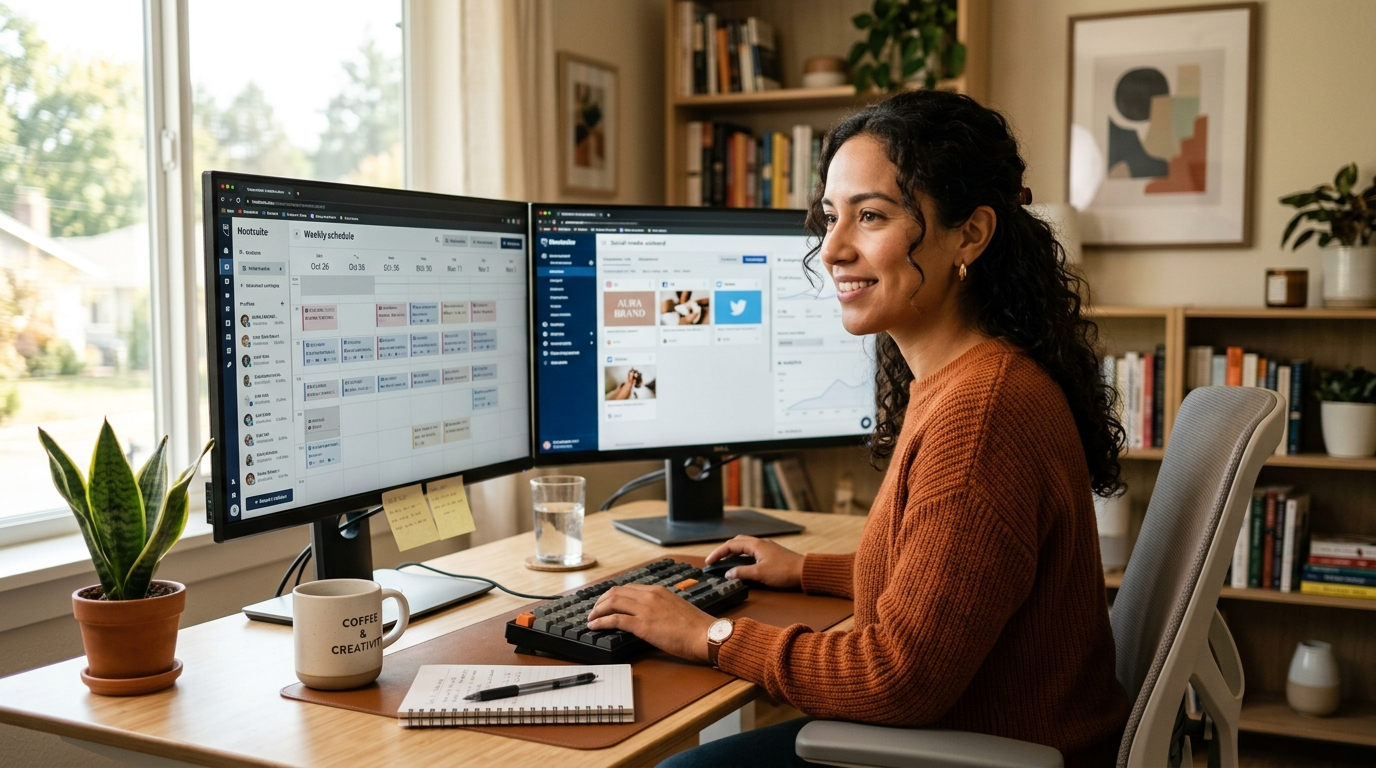 Nearshore social media manager virtual assistant reviewing a content calendar on dual monitors in a bright Latin American home office