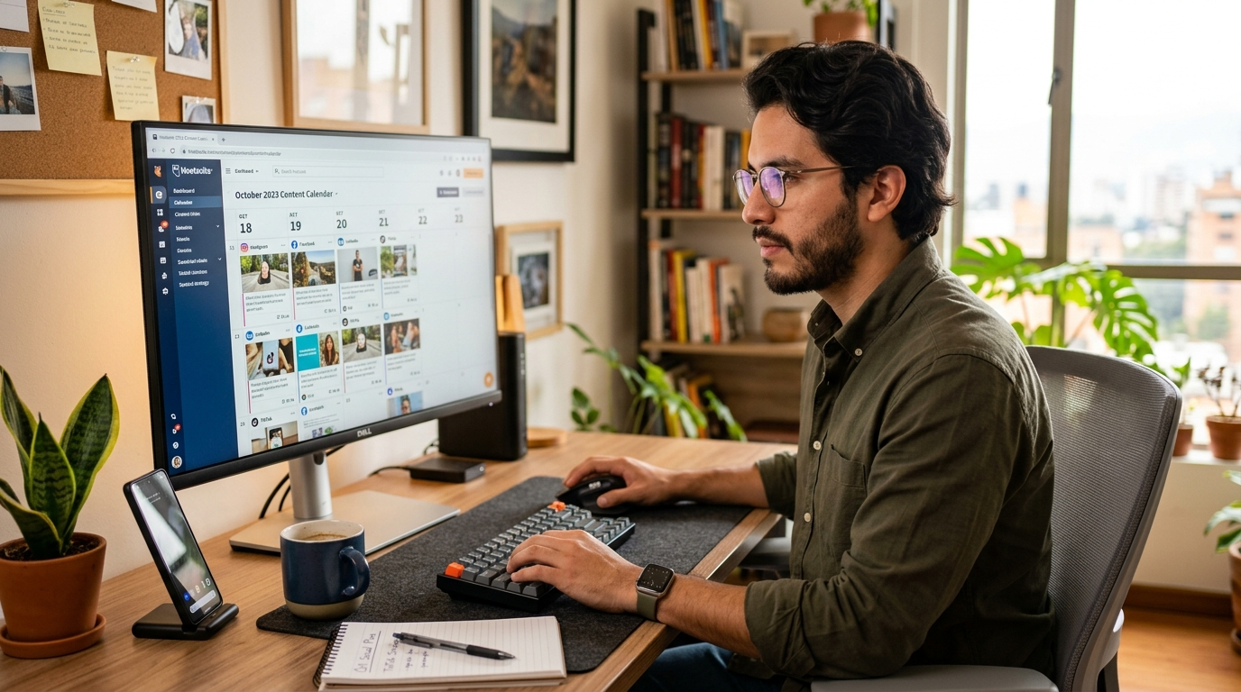 Nearshore social media manager VA building a content calendar in Hootsuite at a modern Latin American home office
