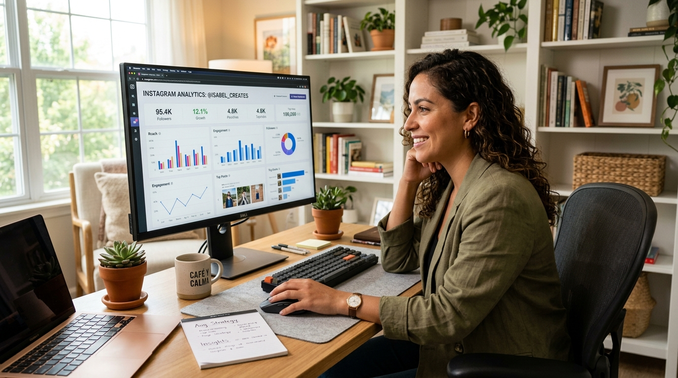 Nearshore social media VA analyzing Instagram performance metrics on a large monitor in a sunlit Latin American home office