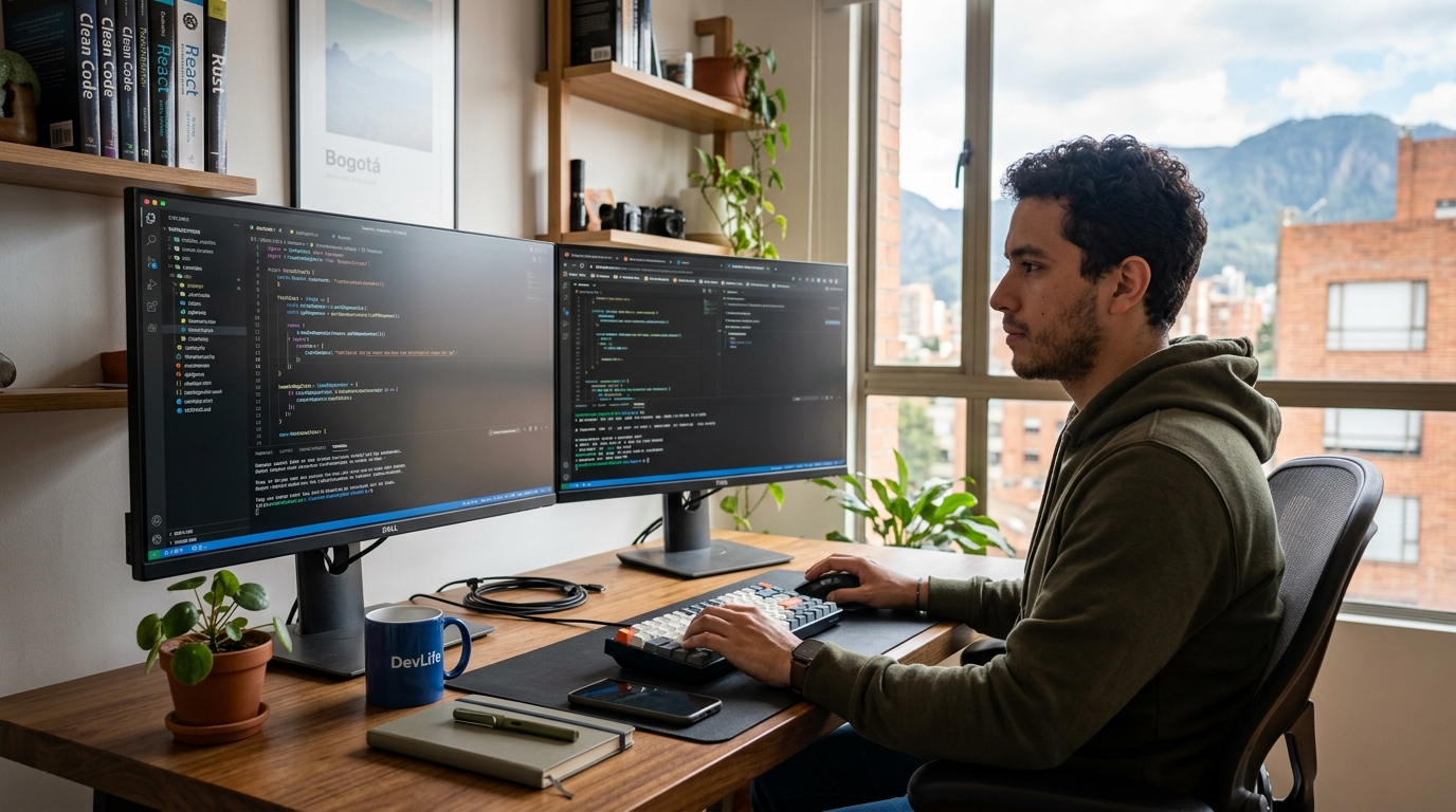Latin American developer working at a dual-monitor home office setup, representing nearshore staffing agencies for Latin America developers in 2026