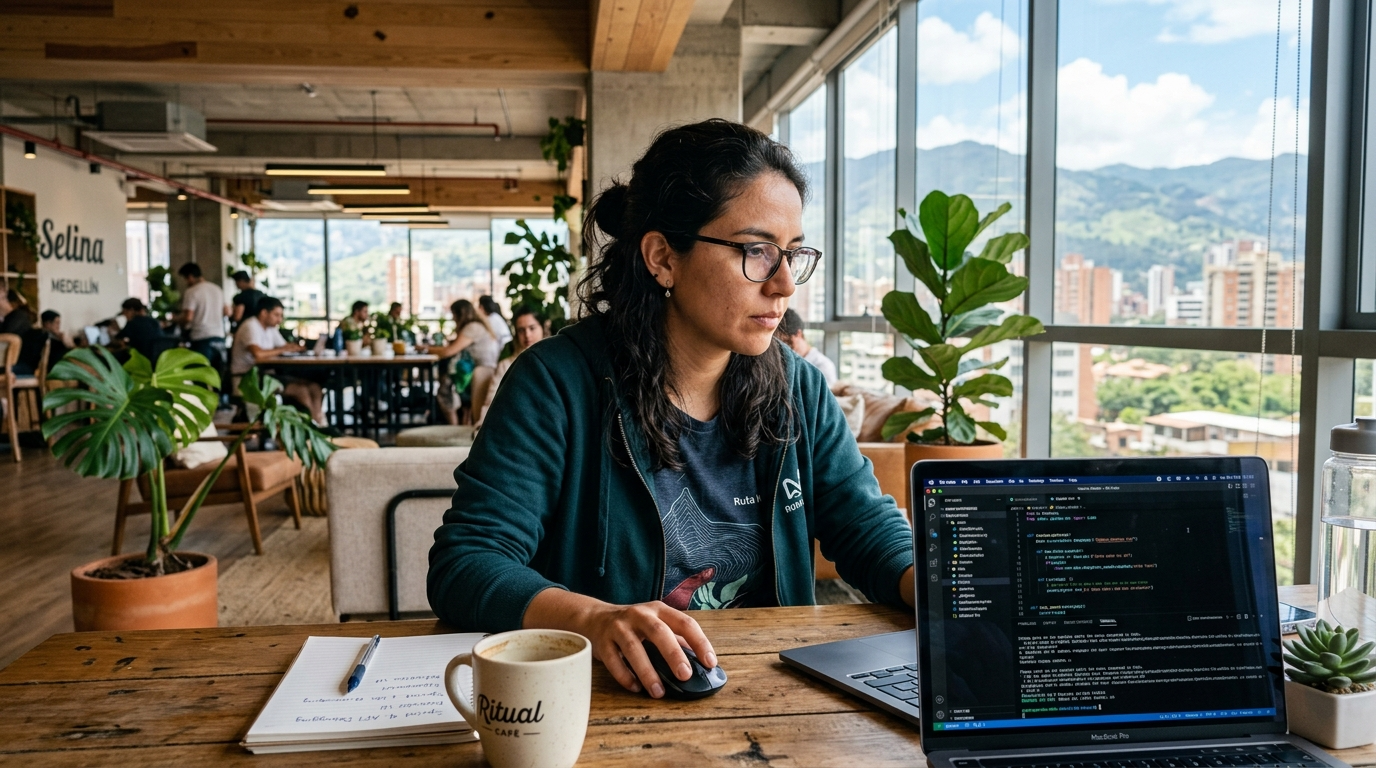 Nearshore Latin America developer reviewing code in a Medellín co-working space, representing staffing agency placements in 2026