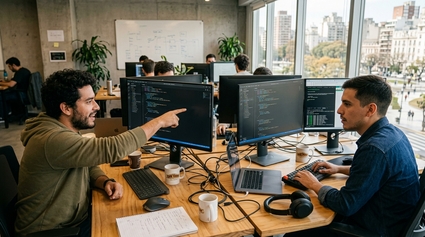 Two nearshore Latin America developers collaborating on a React codebase in a Buenos Aires office, representing 2026 staffing agency placements