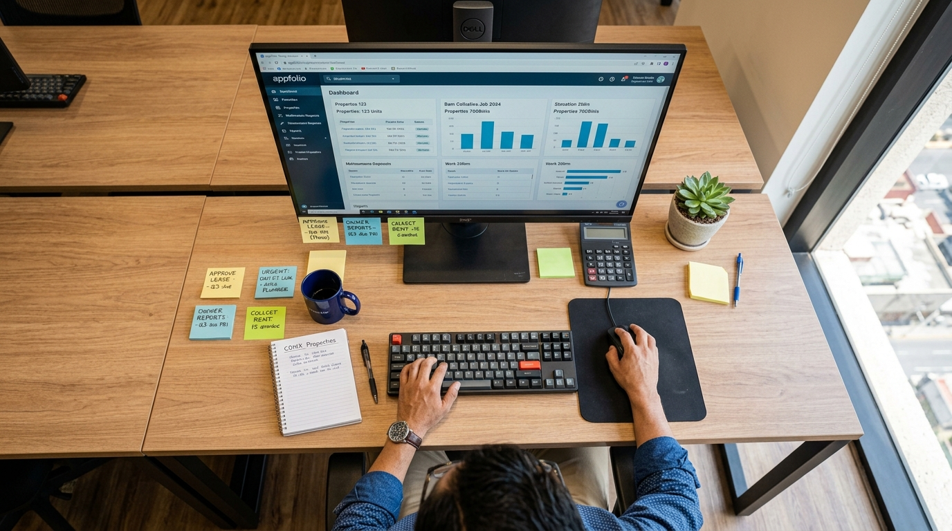 Nearshore VA reviewing AppFolio property management dashboard with AI copilot tools — virtual assistant agencies 2026