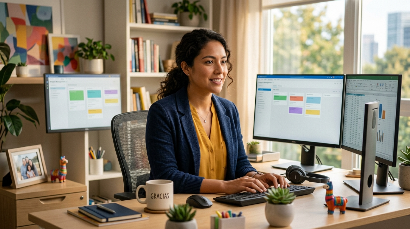 Latin American virtual assistant working at dual-monitor home office setup — best virtual assistant services for US small businesses 2026