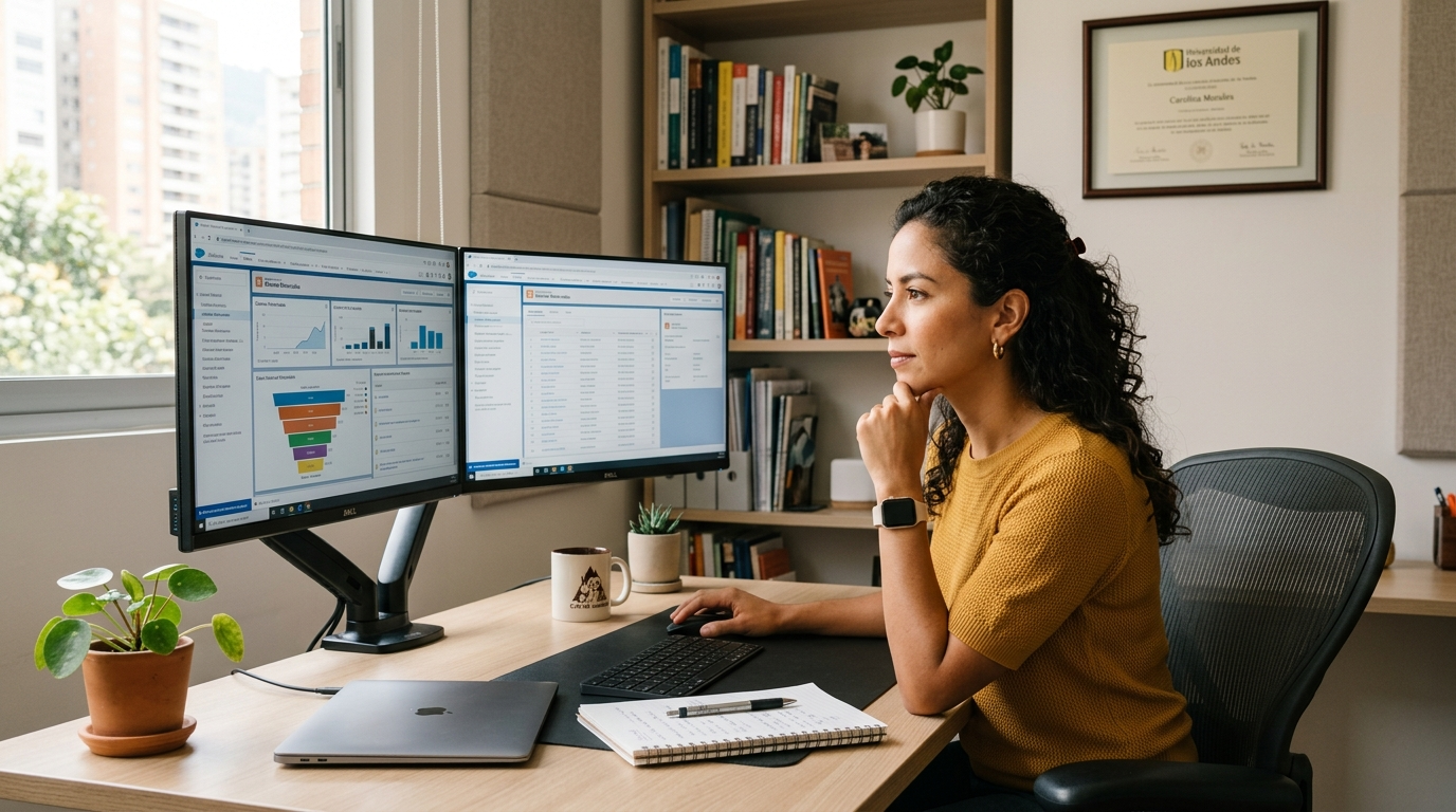 Colombian virtual assistant working at a dual-monitor home office setup — best virtual assistant services from Colombia and Mexico 2026
