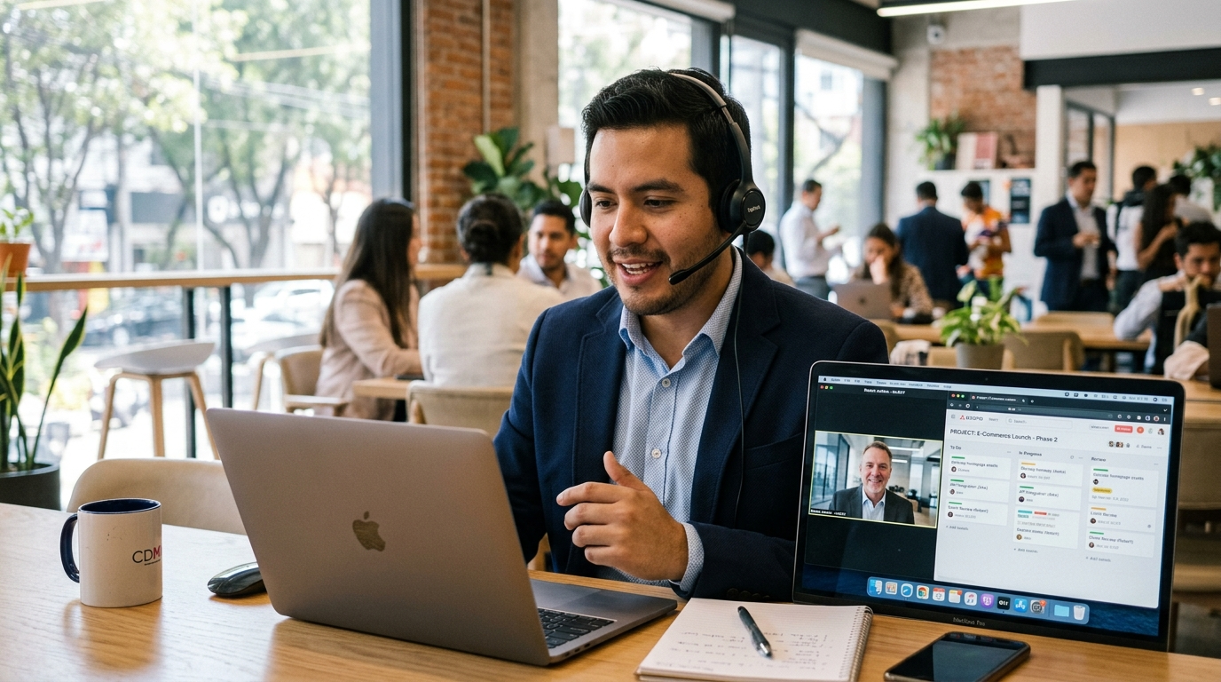 Mexican virtual assistant on a video call with a US client — nearshore VA services from Colombia and Mexico