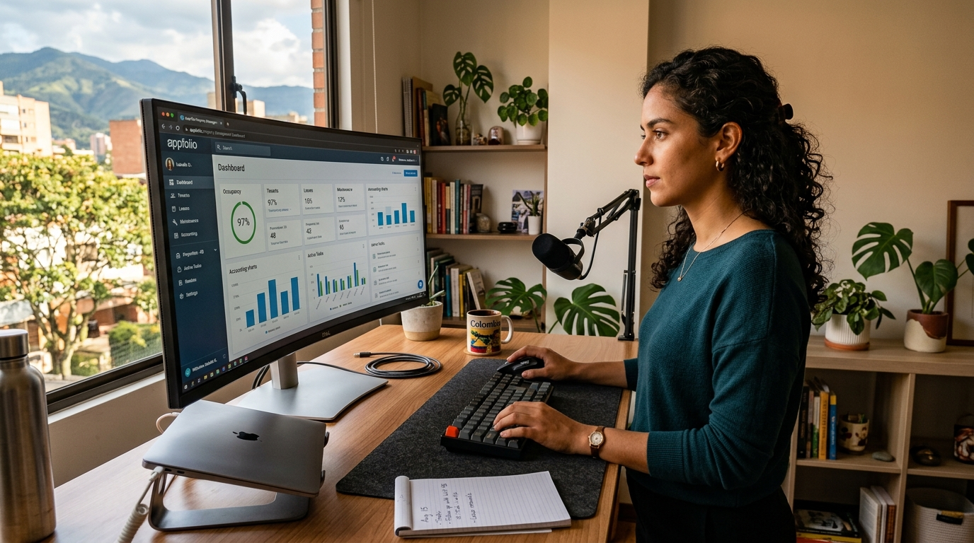 Colombian virtual assistant managing AppFolio property management software — nearshore VA from Colombia 2026