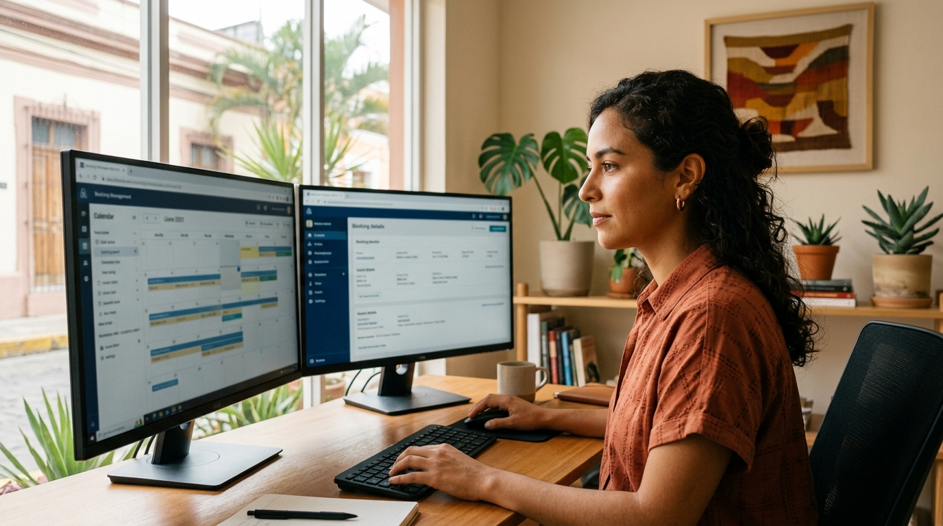 Nearshore virtual assistant for short term rental hosts reviewing Airbnb and VRBO guest bookings on dual monitors in a Latin American home office