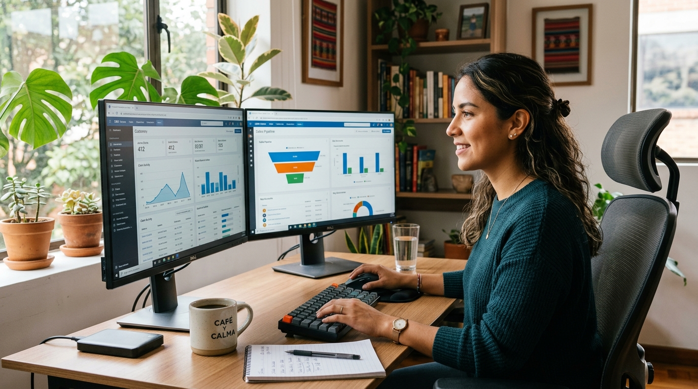 Latin American virtual assistant working at a dual-monitor home office setup — best virtual assistants for US businesses in 2026