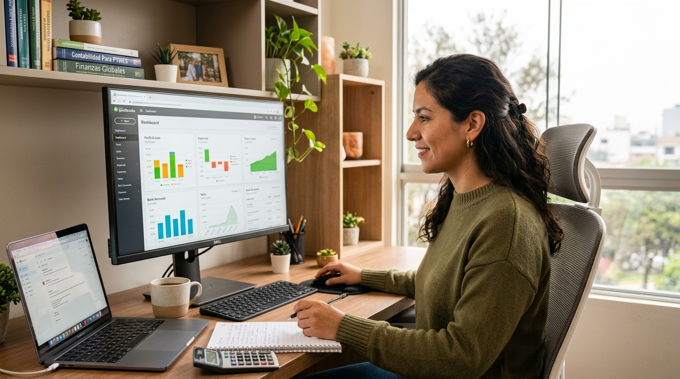 Latin American virtual bookkeeper reviewing QuickBooks dashboard — best virtual bookkeeping services for small business 2026