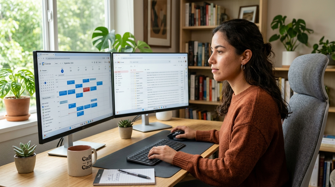 Latin American virtual executive assistant managing email and calendar on dual monitors — best virtual executive assistant services 2026