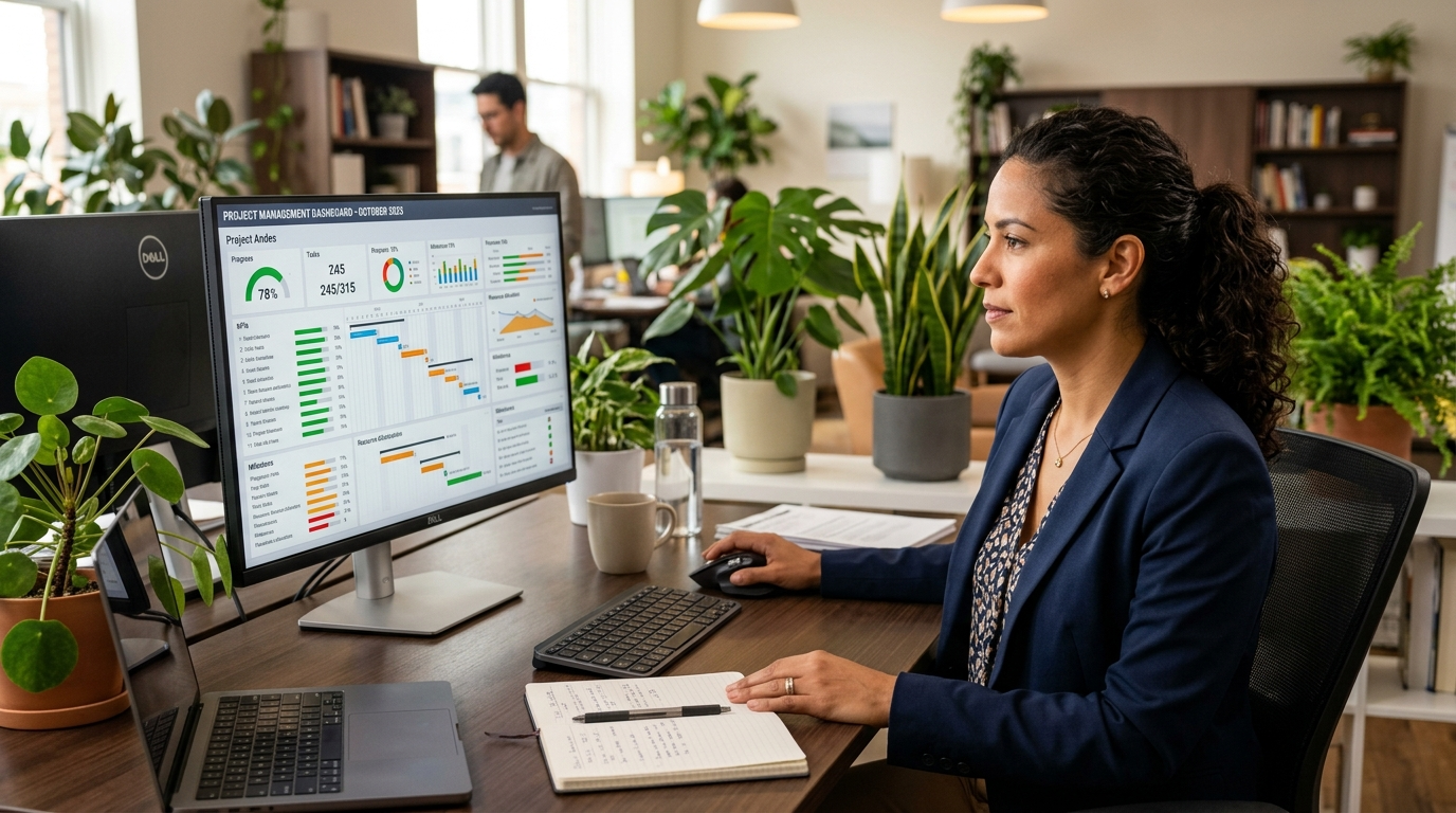 Virtual executive assistant managing project coordination and calendar tasks on a large monitor, best EA services 2026