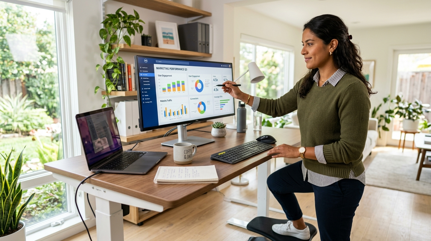 Latin American virtual marketing assistant reviewing campaign analytics on a widescreen monitor in a bright modern home office in 2026
