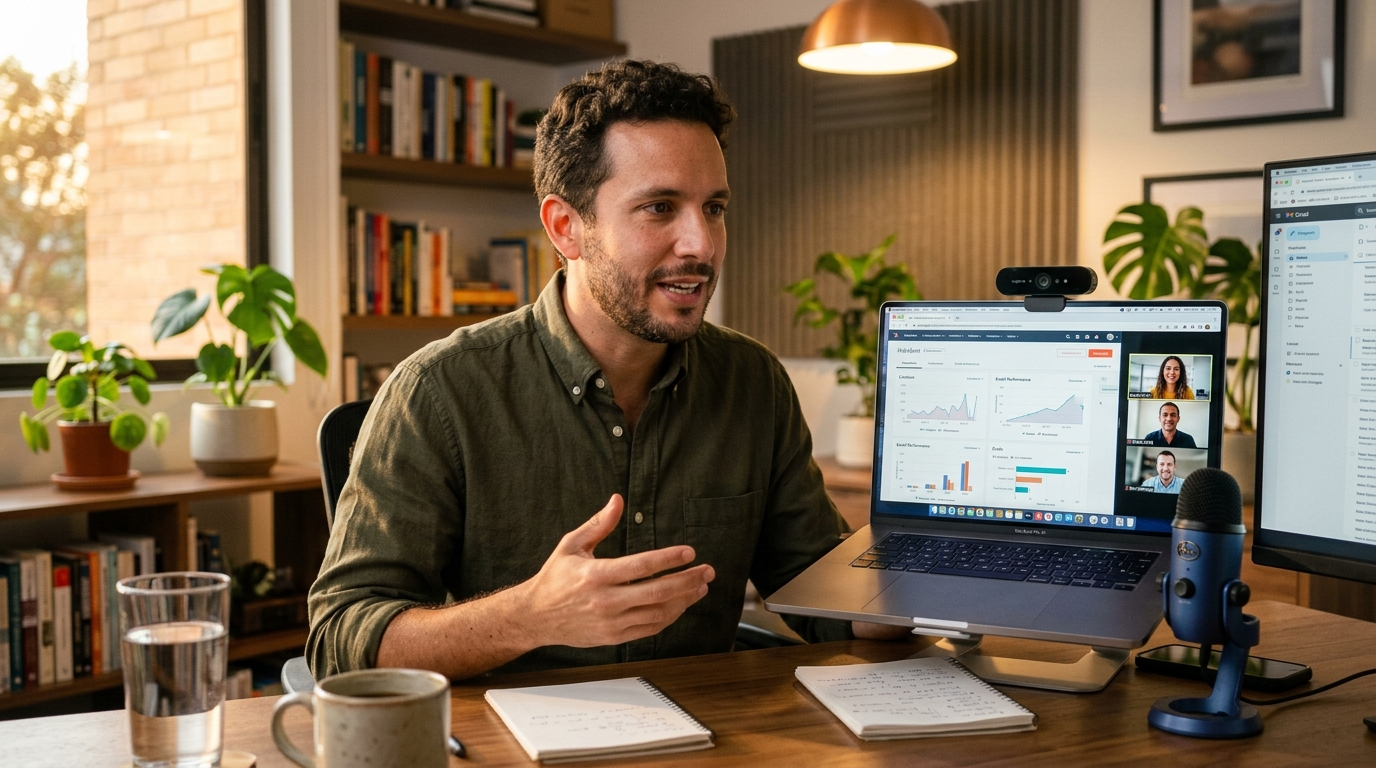 Nearshore virtual marketing assistant on a live video call with a US marketing team, HubSpot dashboard visible on laptop screen