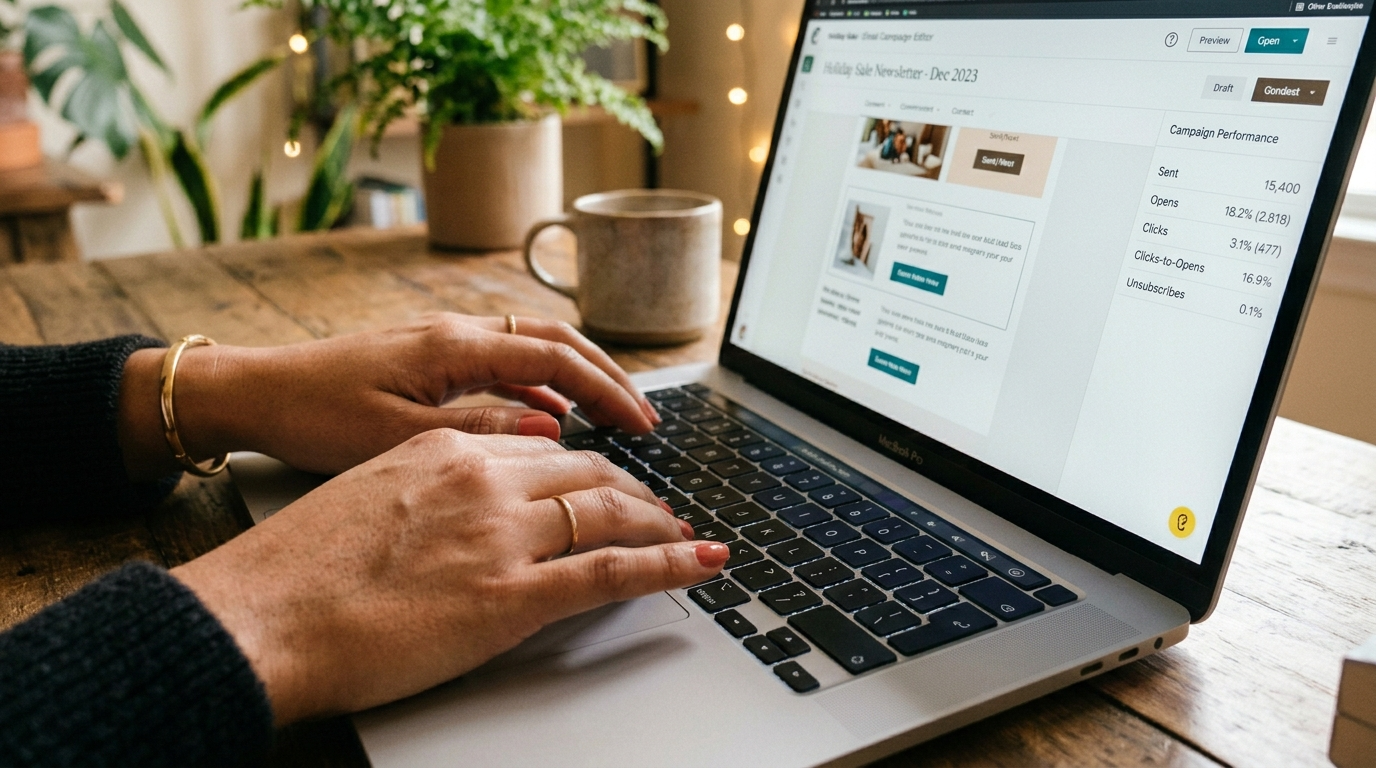 Nearshore virtual marketing assistant building an email campaign in Mailchimp, metrics dashboard visible on screen